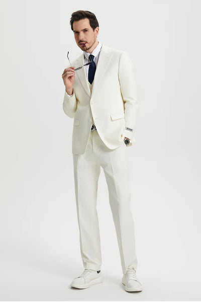 Cheap Priced Suit - Men's Two Button Vested Stacy Adams Basic Designer Sharkskin Ivory Suit