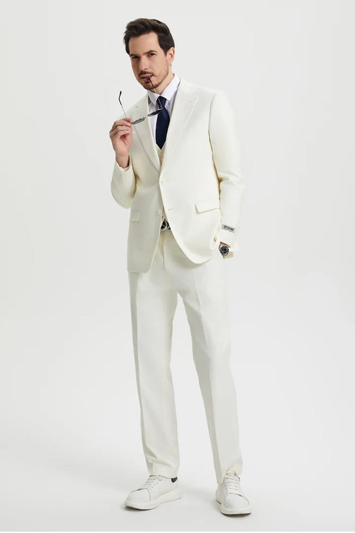 Cheap Priced Suit - Men's Two Button Vested Stacy Adams Basic Designer Sharkskin Ivory Suit