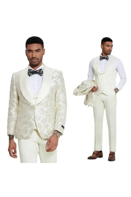 2025 Ivory Shiny Floral Mens 3pc Prom 2025 Suit by Tazzio