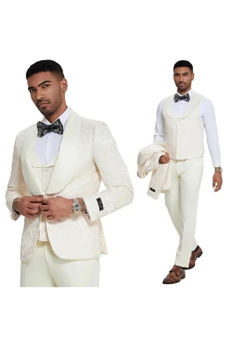 2025 Ivory Paisley 3pc Men's Suit Tuxedo by Tazzio - 38 Short Jacket+32 Waist Adjustable 28to34)(Height: 5 4 to5 7 )(Neck  15-16.5)S-M)