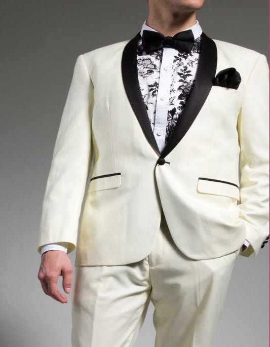 Mens Ivory Black Trim Slim Fit Tuxedo Suit