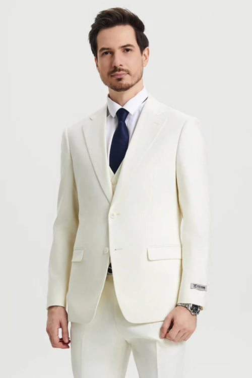 Cheap Priced Suit - Men's Two Button Vested Stacy Adams Basic Designer Sharkskin Ivory Suit