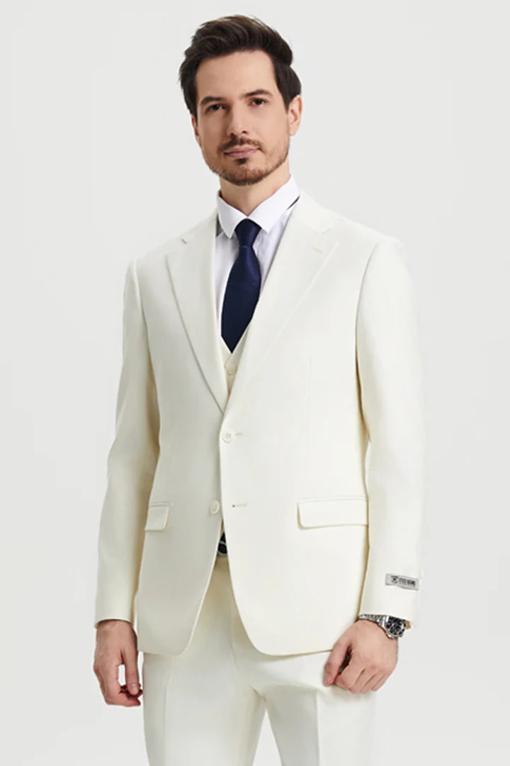 Cheap Priced Suit - Men's Two Button Vested Stacy Adams Basic Designer Sharkskin Ivory Suit - 38 Short Jacket+32 Waist Adjustable 28to34)(Height: 5 4 to5 7 )(Neck  15-16.5)S-M)