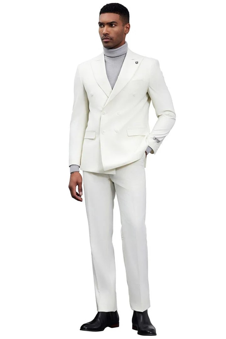 Cheap Priced Suit- Men's Designer Stacy Adams Classic Double Breasted Ivory Suit - 38 Short Jacket+32 Waist Adjustable 28to34)(Height: 5 4 to5 7 )(Neck  15-16.5)S-M)