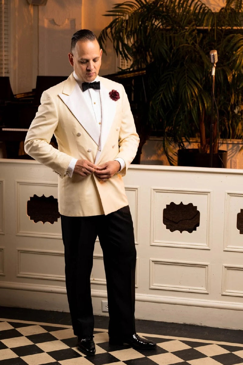 Ivory Double Breasted Tuxedo Dinner Jacket - Cream Dinner Jacket - Off White - 38 Short Jacket+32 Waist Adjustable 28to34)(Height: 5 4 to5 7 )(Neck  15-16.5)S-M)