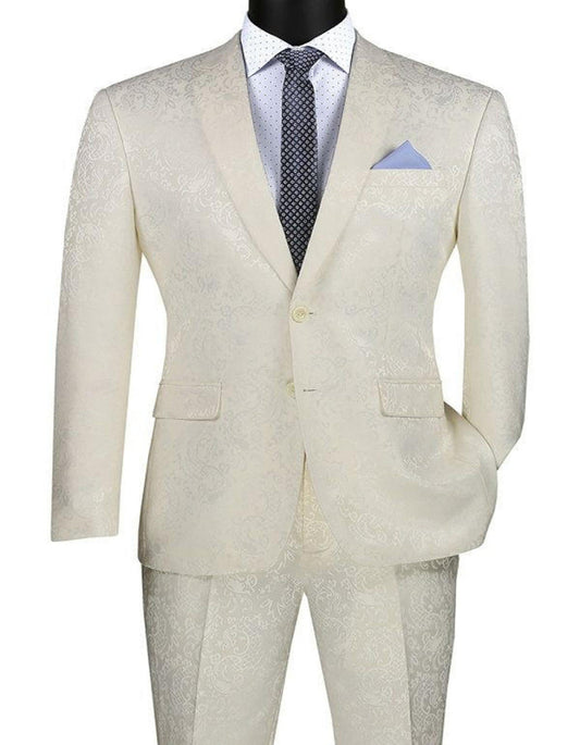 Mens Ivory Paisley Designer Slim Fit Prom Suit