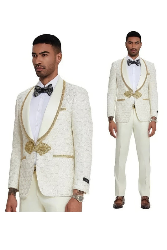 2025 Ivory and Gold 2pc Men's Prom 2025 Suit by Tazzio