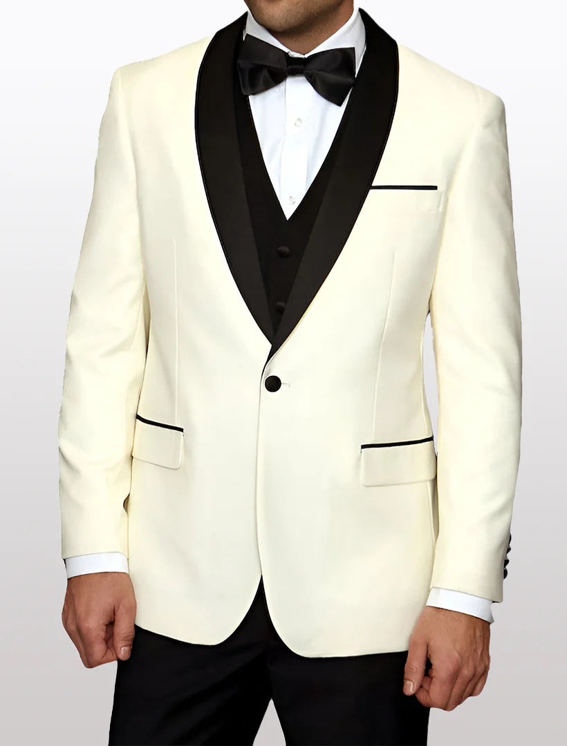 Statement Men's Ivory with Black Lapel Vested 100% Wool Tuxedos - 34 Short or Extra Small