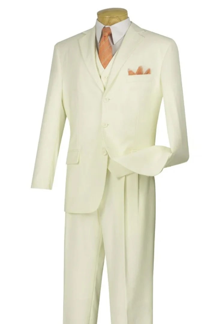 Cheap Suit - Mens Classic Fit Three Button Vested Pleated Pant Ivory Suit