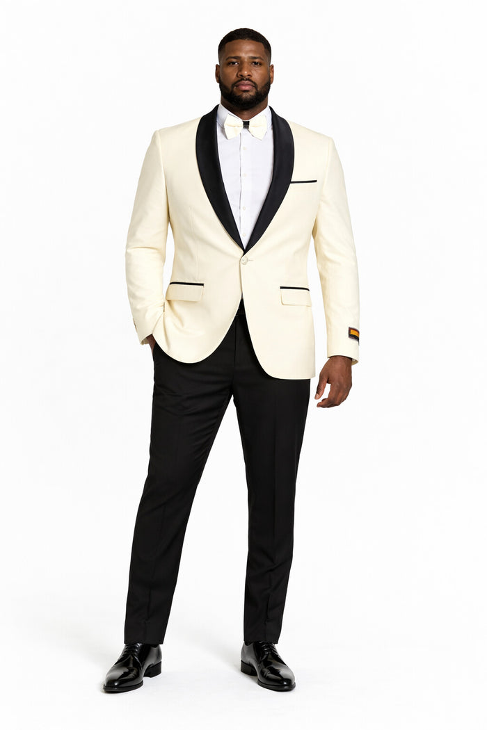 "Mens Modern Fit Ivory Prom 2026 Tuxedo Suit Dinner Jacket with Black Shawl Lapel"