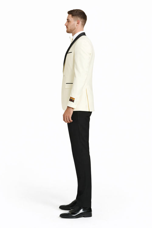 "Mens Modern Fit Ivory Prom 2026 Tuxedo Suit Dinner Jacket with Black Shawl Lapel"