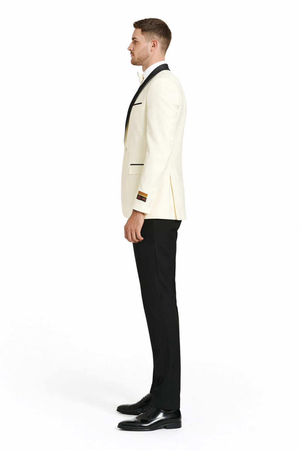 "Mens Modern Fit Ivory Prom 2026 Tuxedo Suit Dinner Jacket with Black Shawl Lapel"