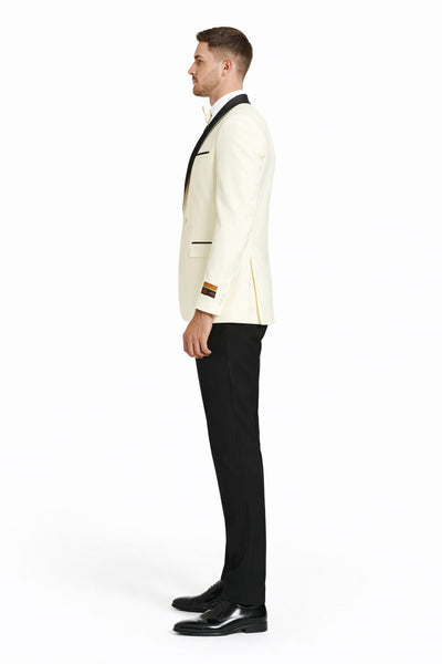"Mens Modern Fit Ivory Prom 2026 Tuxedo Suit Dinner Jacket with Black Shawl Lapel"