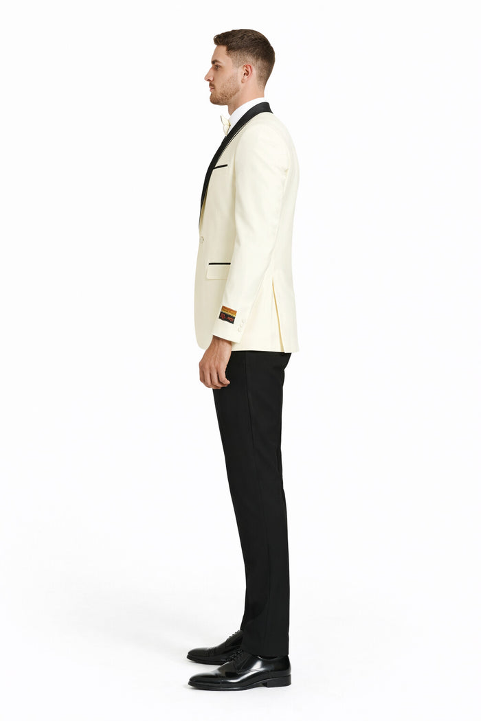"Mens Modern Fit Ivory Prom 2026 Tuxedo Suit Dinner Jacket with Black Shawl Lapel"