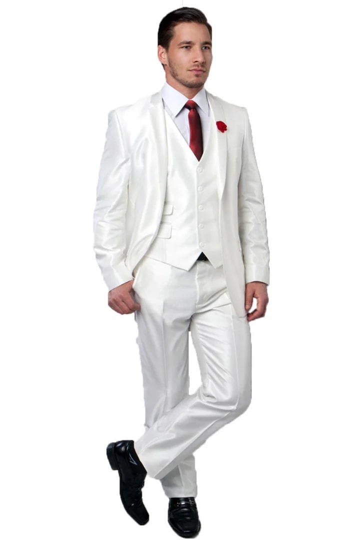 Cheap Suit - Men's Two Button Vested Shiny Sharkskin Wedding & Prom Fashion Ivory Suit