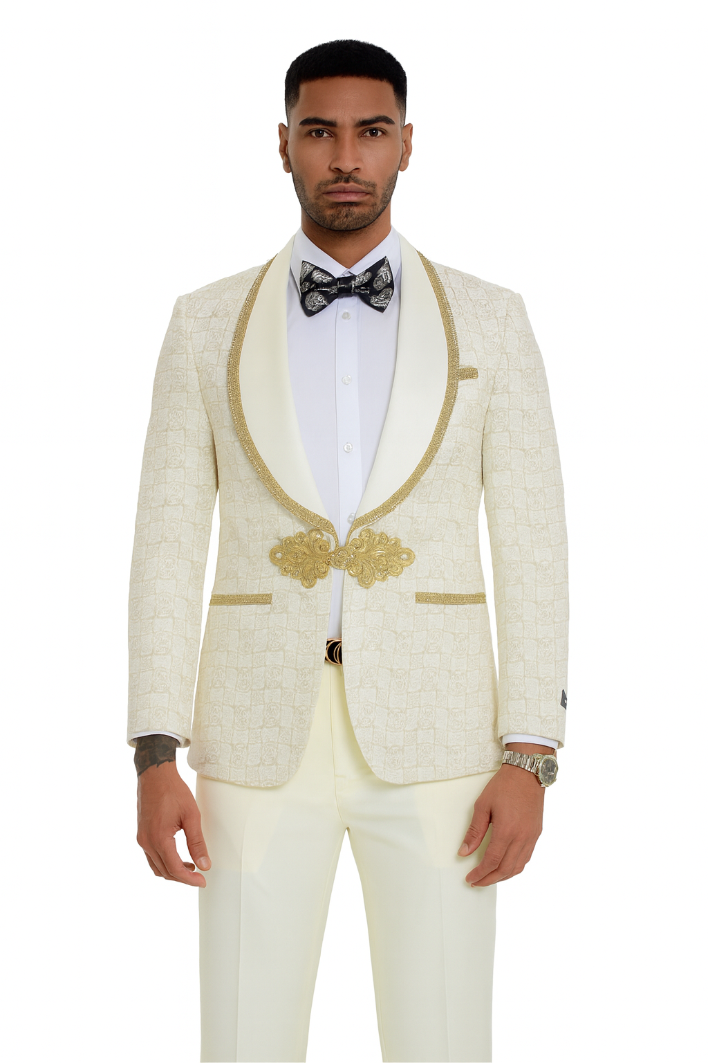 2025 Ivory and Gold 2pc Men's Prom 2025 Suit by Tazzio - 38 Short Jacket+32 Waist Adjustable 28to34)(Height: 5 4 to5 7 )(Neck  15-16.5)S-M)