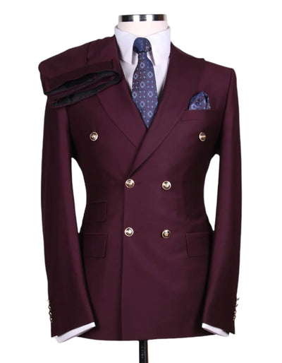Mens Double breasted Suit - "Burgundy" 1920s 1980s Style Peak Lapel Suits -Â  Back Side VentedÂ  Mens Designer Modern Fit Double Breasted Wool Suit with Gold Buttons in Burgundy