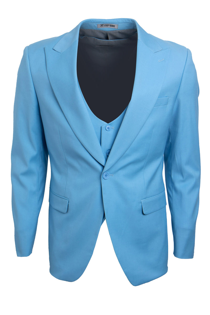 "Mens Stacy Adams Suit -Stacy Adams Suit Men's Vested Suit - One Button Peak Lapel in Sky Blue" - 34 Regular