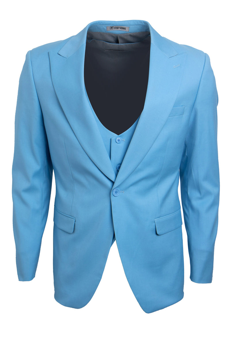 "Stacy Adams Men's Vested Suit - One Button Peak Lapel in Sky Blue"