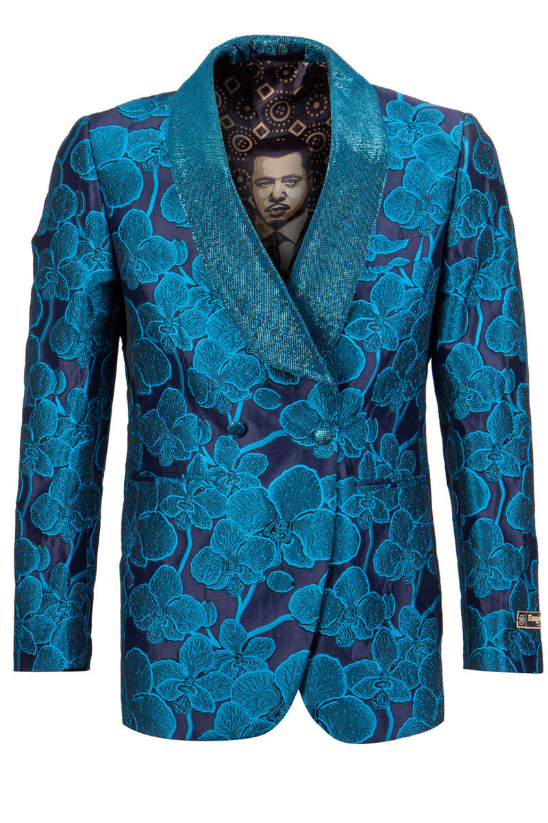 "Turquoise Floral Embroidered Men's Tuxedo Dinner Jacket - Double Breasted" - X-Small