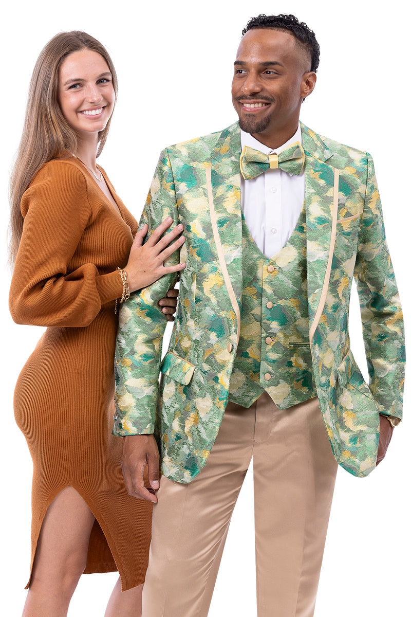 Men's Modern Fit Green Floral Print Tuxedo Jacket & Vest Set - 34