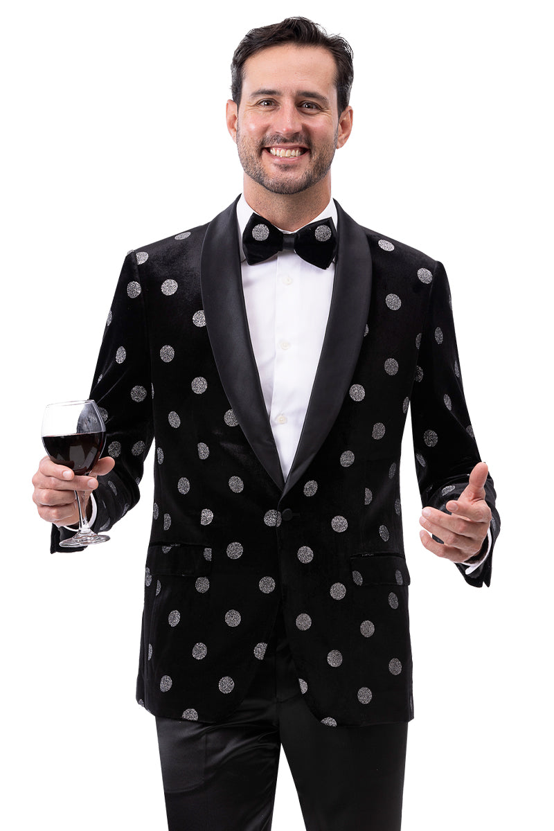 Men's Black & Silver Modern Fit Polka Dot Tuxedo Jacket - 34
