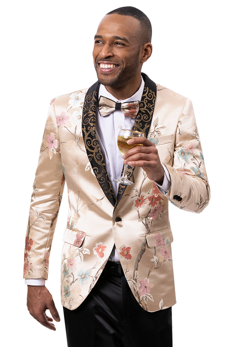 Men's Modern Fit Japanese Floar Pattern Satin Tuxedo Jacket in Champagne Tan - 34