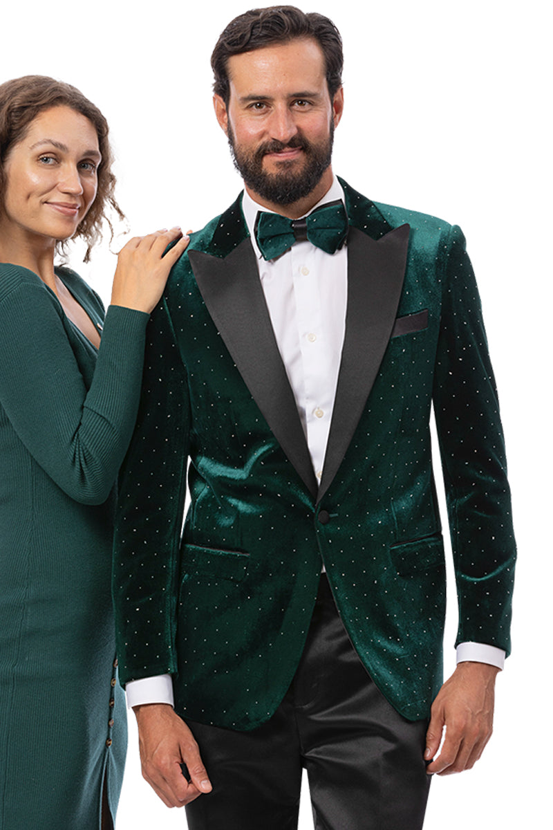Men's Modern Fit Wedding & Prom Tuxedo Jacket in Hunter Green with Diamond Studs - 34