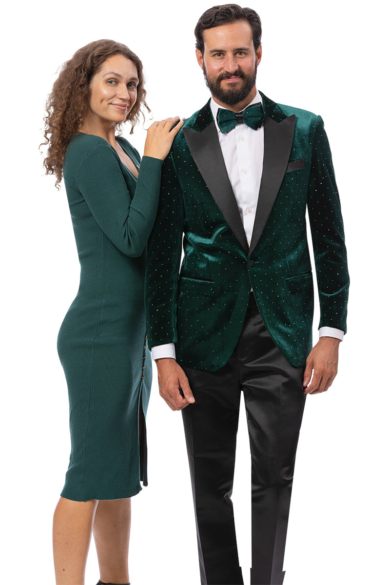 Men's Modern Fit Wedding & Prom Tuxedo Jacket in Hunter Green with Diamond Studs - 34