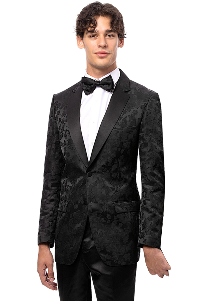 Men's Two Button Shiny Floral Print Prom Tuxedo Jacket in Black - 34