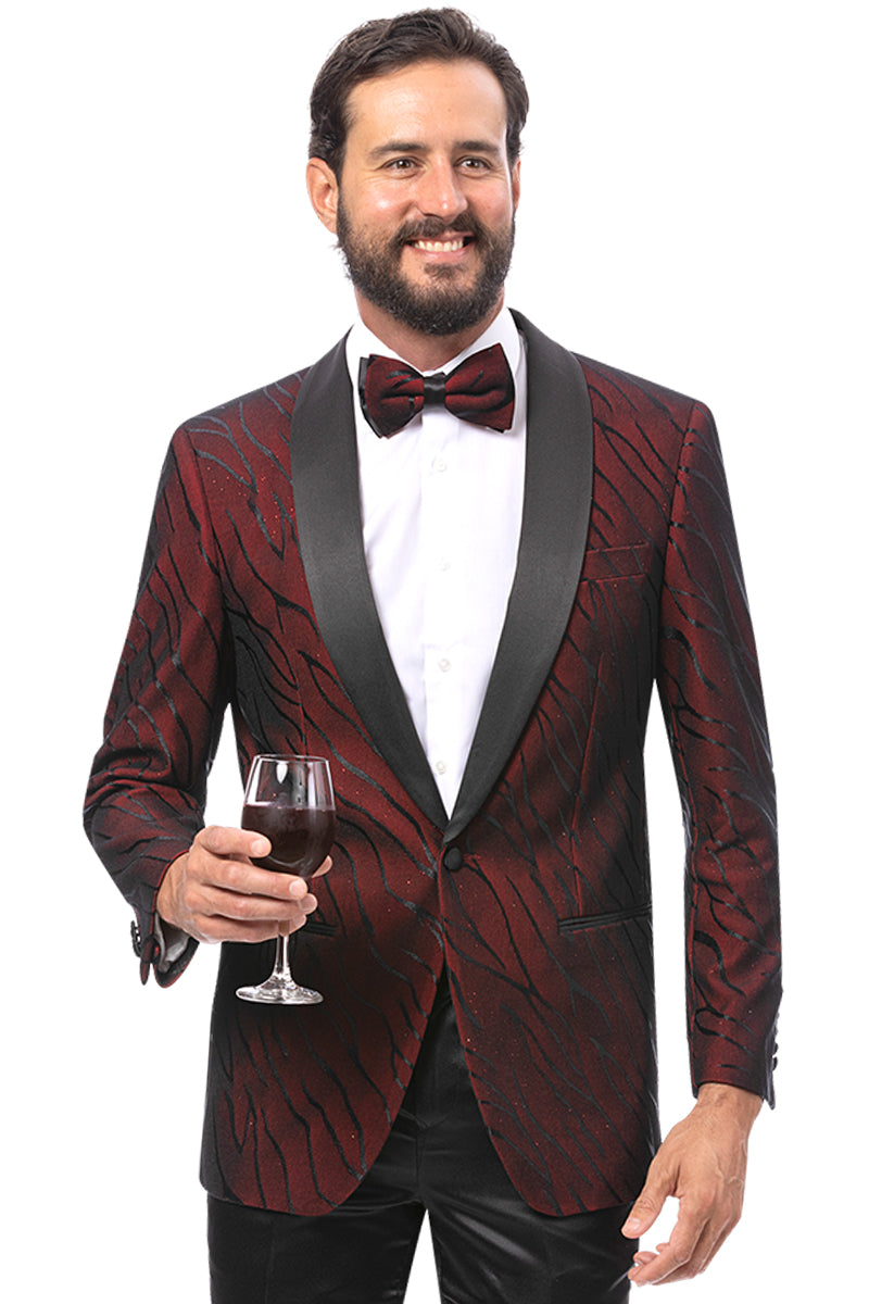 Men's One Button Modern Fit Organic Print Tuxedo Blazer in Dark Burgundy - 34