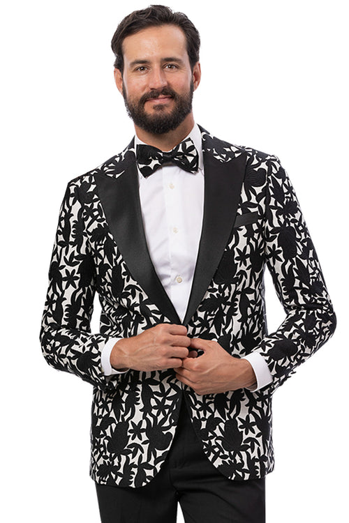 Men's One Button Peak Lapel Modern Fit Tuxedo Jacket in Black & White Floral Print