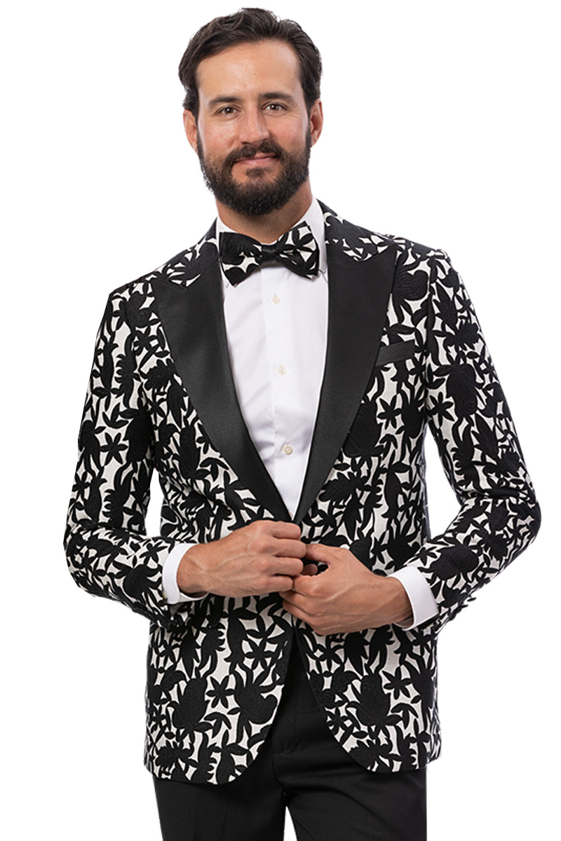 Men's One Button Peak Lapel Modern Fit Tuxedo Jacket in Black & White Floral Print - 34