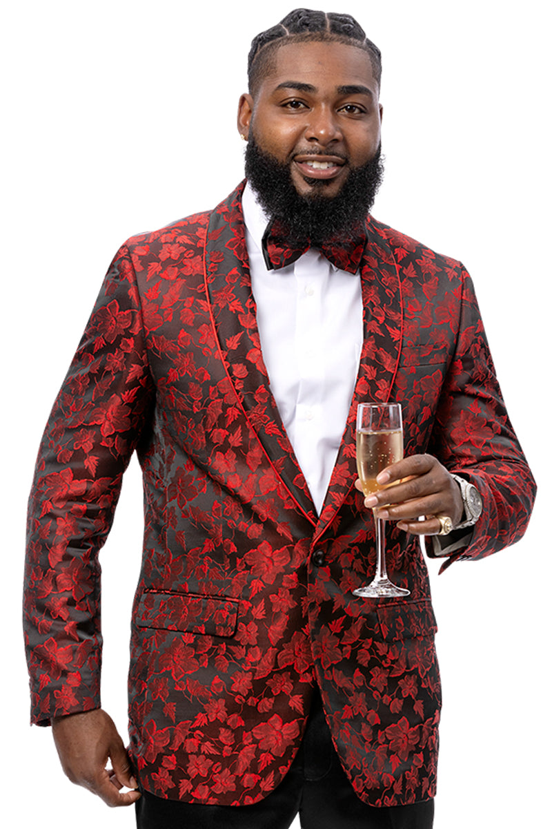 Men's One Button Shawl Lapel Tuxedo Jacket in Red & Black Floral Paisley - 34