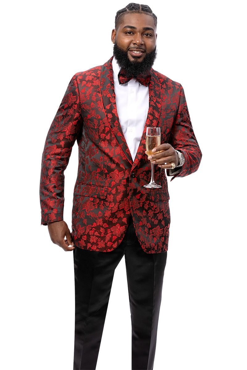 Men's One Button Shawl Lapel Tuxedo Jacket in Red & Black Floral Paisley - 34