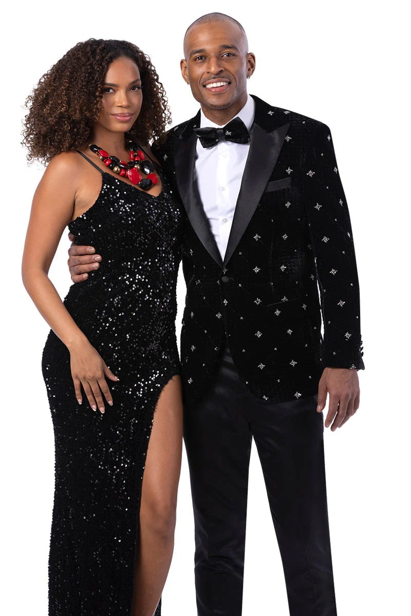 Mens Designer Black Velvet Star Embroidered Tuxedo for Prom and Wedding