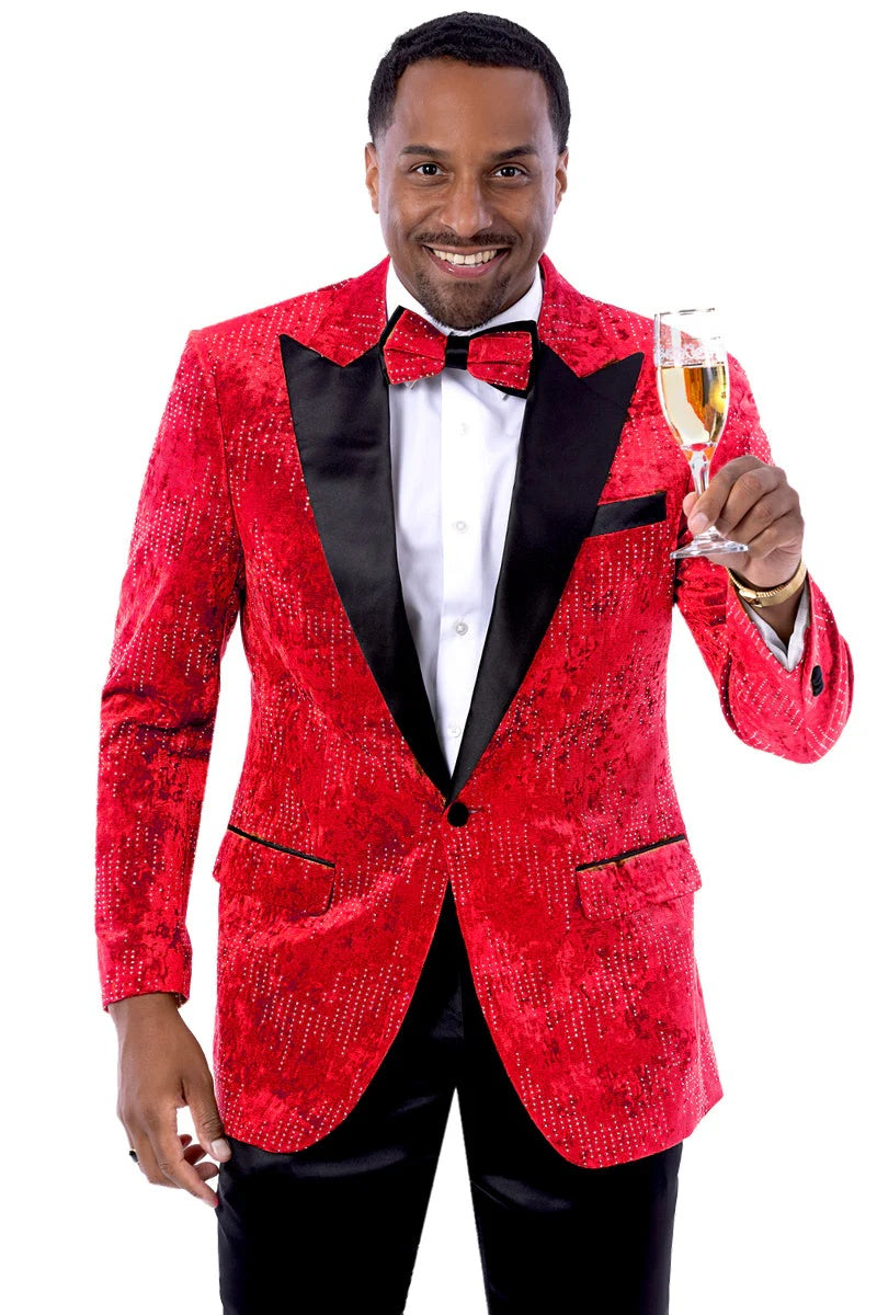 Mens Red Velvet Studded Prom Tuxedo Jacket Wedding and Formal Wear