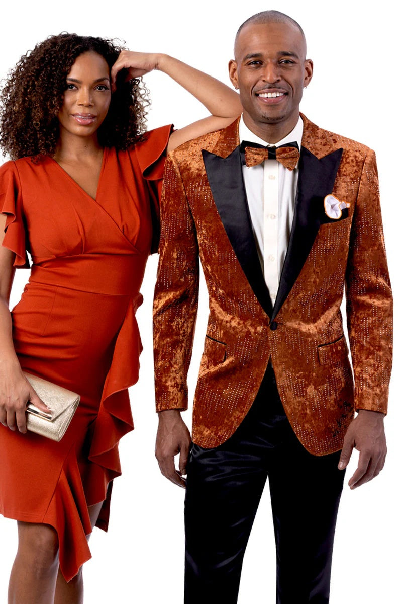 Men’s Designer Orange Rust Velvet Tuxedo Jacket with Studded Detail – Prom and Wedding - 34 Short or Extra Small