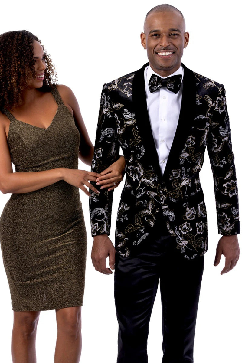 Mens Black and Gold Paisley Velvet Tuxedo Jacket Wedding and Prom Wear - 34 Short or Extra Small