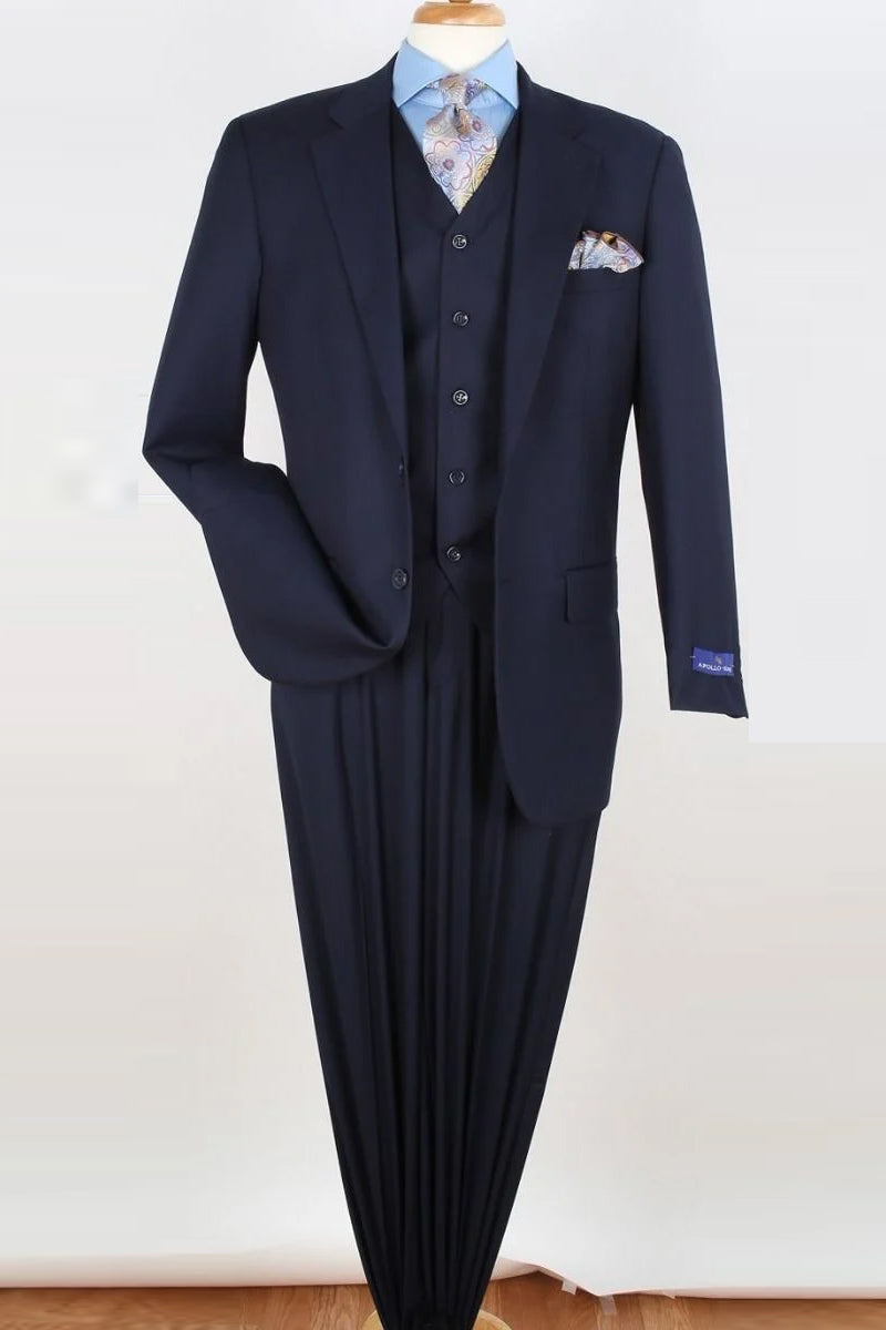 "Classic Fit Men's 2 Button Vested Suit with Single Pleated Pant - Navy Blue" - 34 Regular