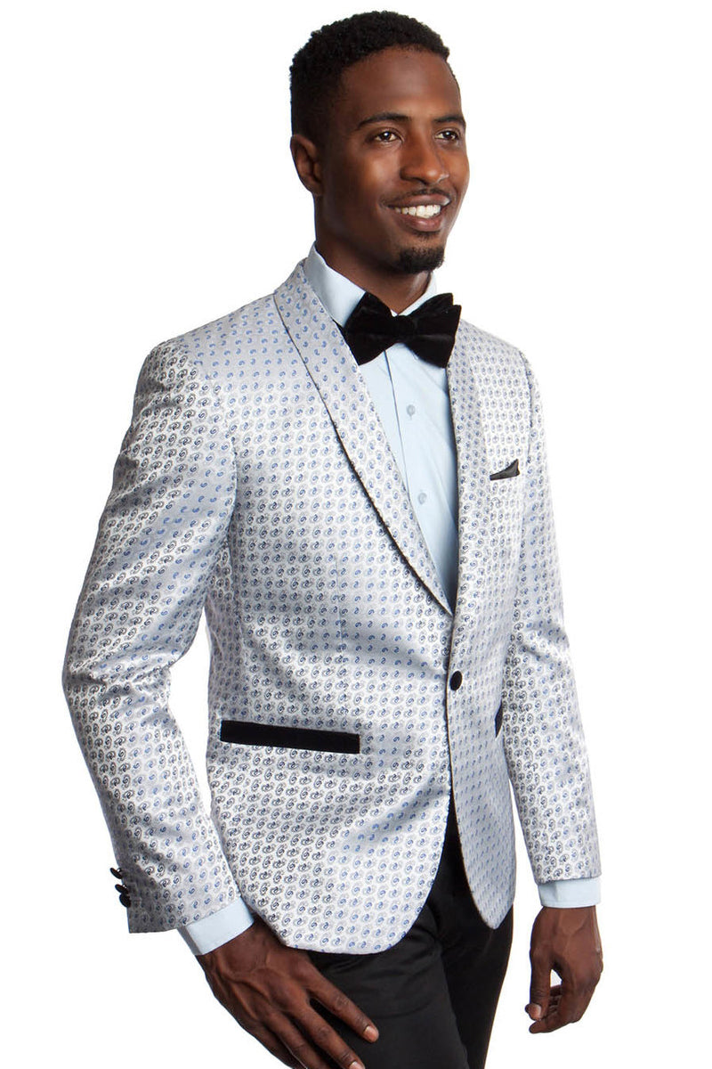 "Silver & Blue Paisley Dinner Jacket for Men - One Button Shawl Lapel"