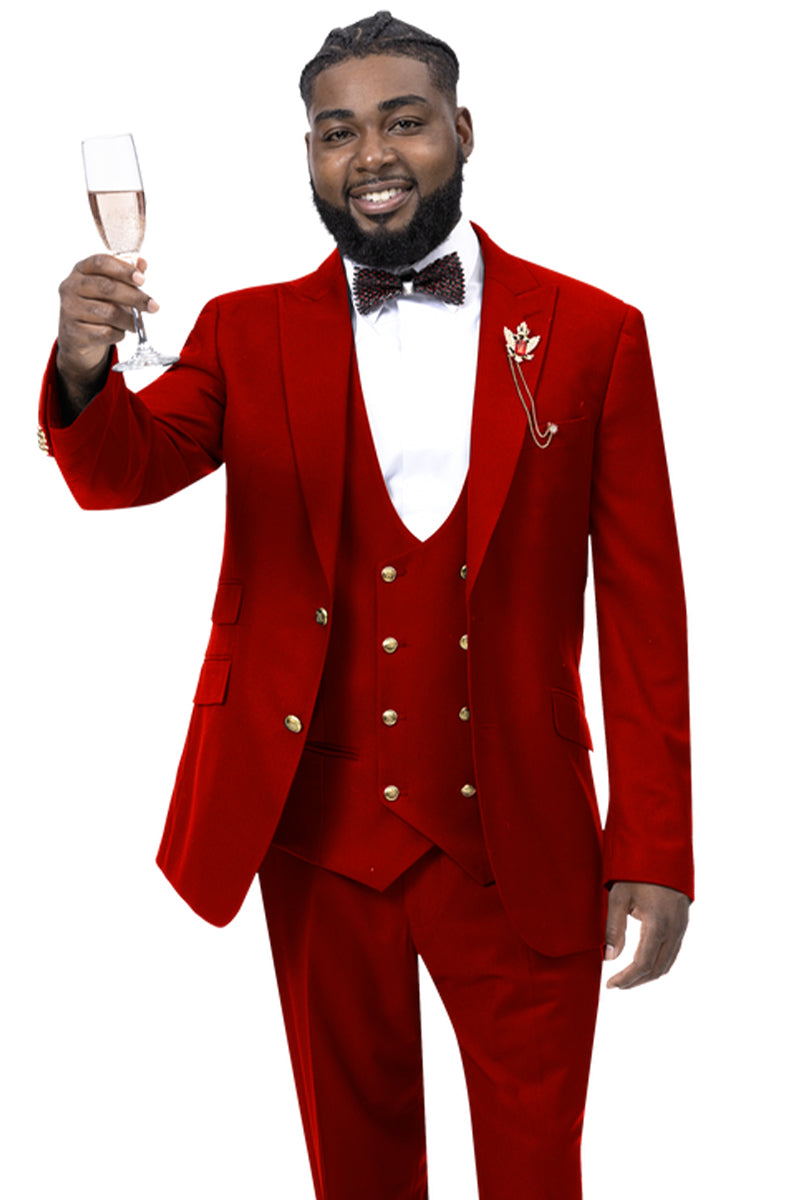 "Red Men's Modern Two-Button Suit with Double-Breasted Vest & Gold Buttons"