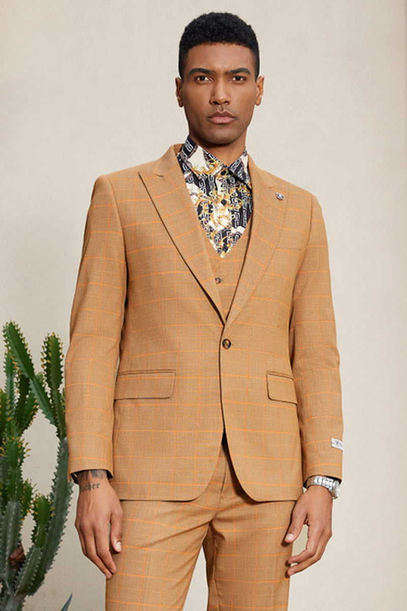 "Stacy Adams Men's Windowpane Plaid Suit with Reversible Vest - Orange Rust"