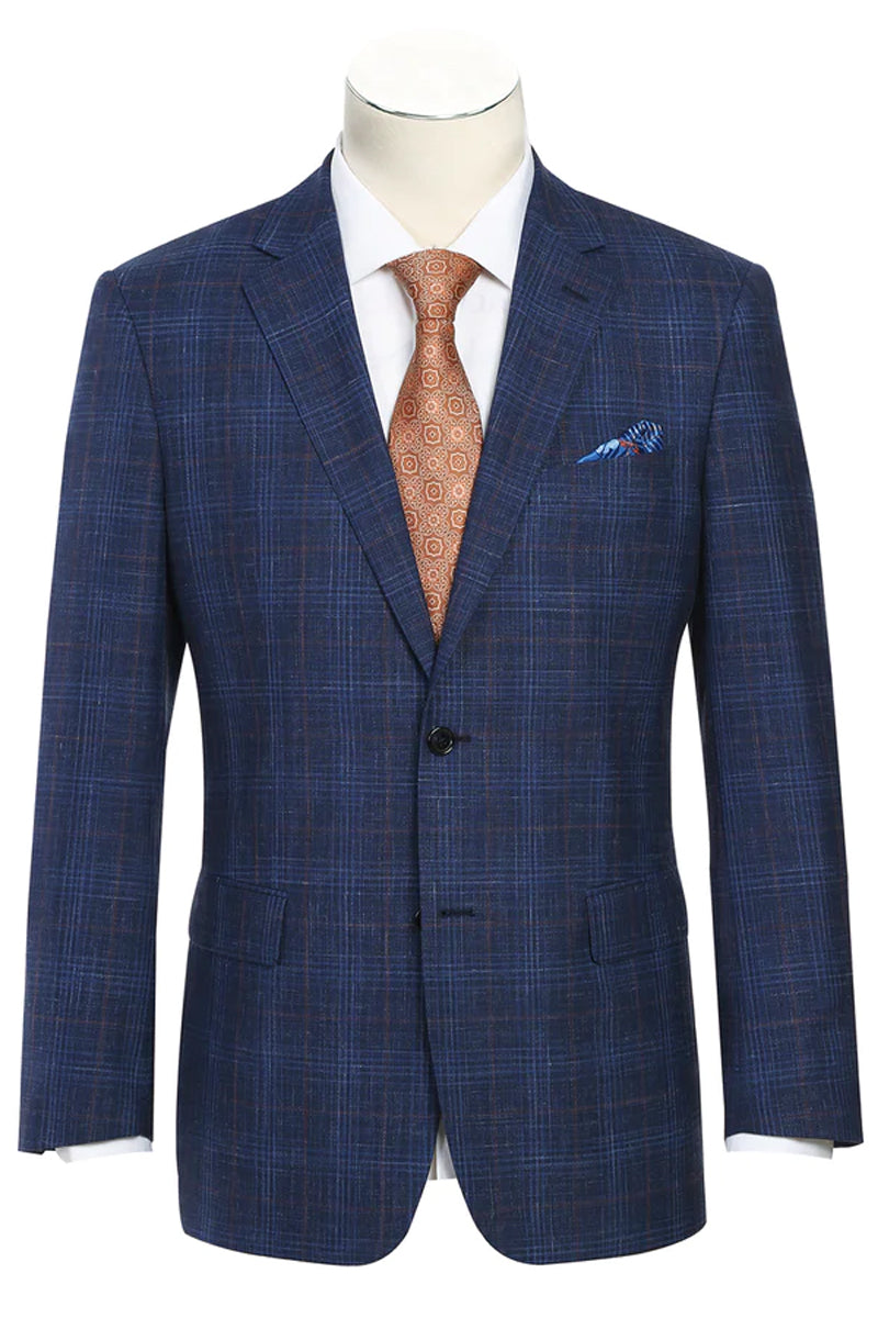 "Blue Windowpane Plaid Wool & Linen Sport Coat - Men's Classic Fit Two Button Blazer" - 36 Short