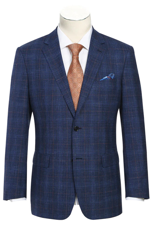 "Blue Windowpane Plaid Wool & Linen Sport Coat - Men's Classic Fit Two Button Blazer"