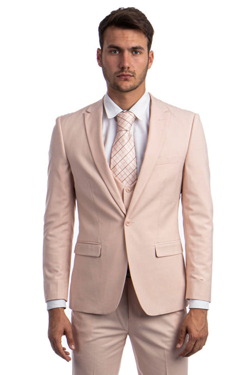 "Blush Pink Men's Wedding & Prom 2026 Suit - One Button Peak Lapel Skinny with Lowcut Vest"