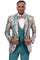 Men's Teal Green Geometric Print Vested Satin Tuxedo.