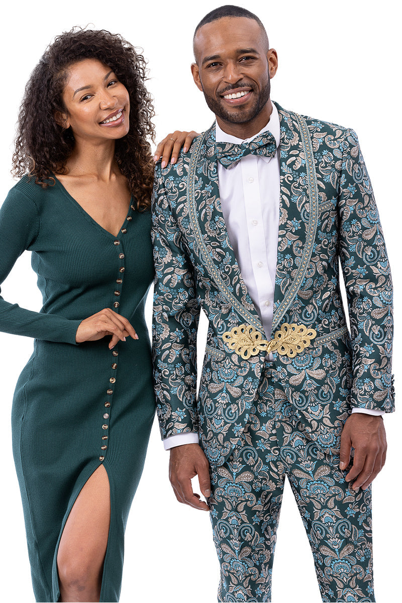 Men's Designer Turquoise Brocade Floral Print Wedding & Prom Tuxedo with Frog Closure - 34