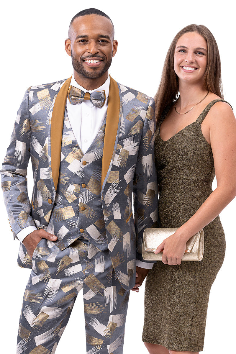 Men's Gray & Gold Satin Paint Stroke Print Tuxedo - 34