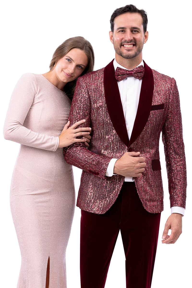 Men's Modern Fit Floral Sequin Wedding Tuxedo in Burgundy - 34